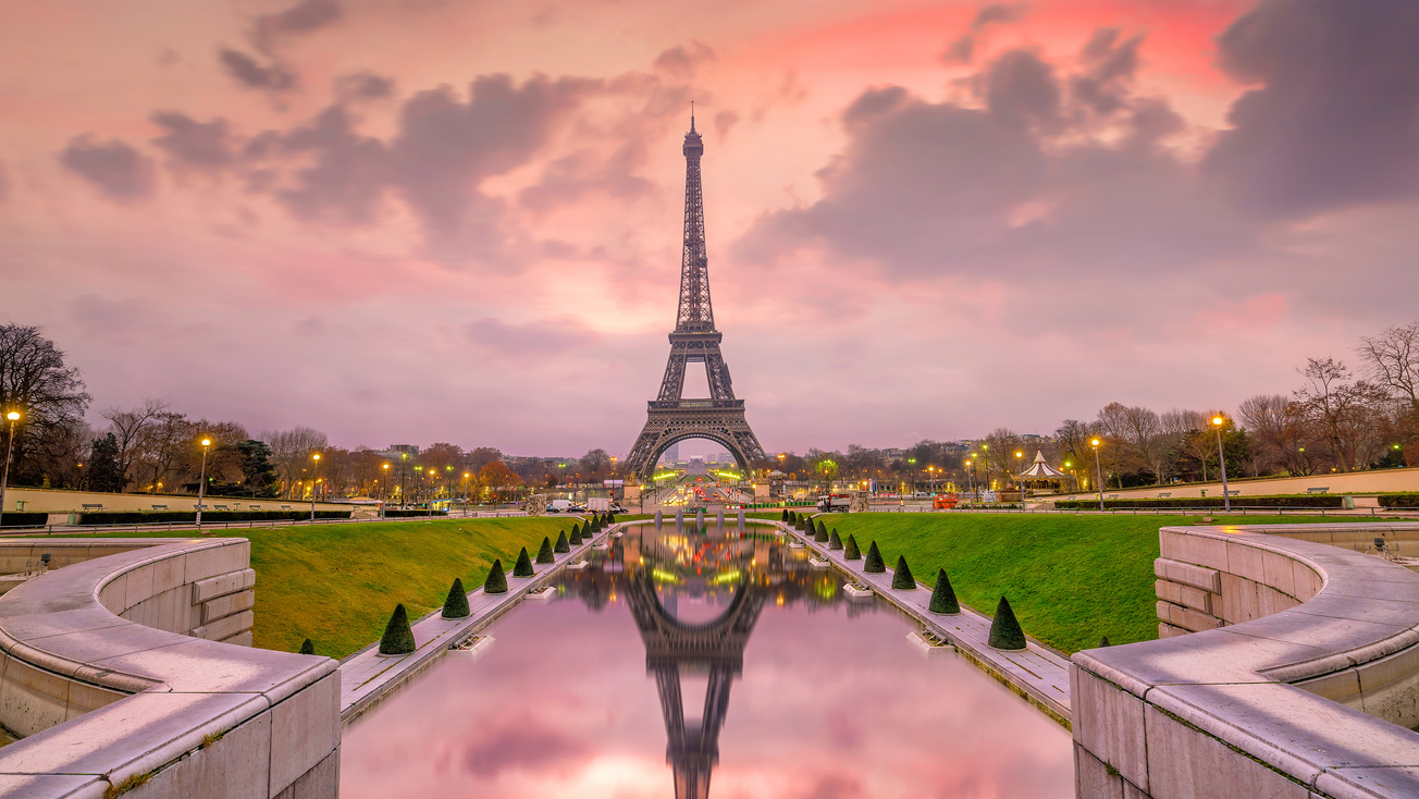 Eiffel Tower at sunrise from Trocadero Fountains in Paris